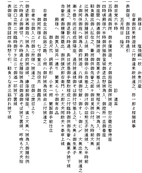 　　　　殿様?　　　塩焼鯛一枚　糸魚川産
　　　右者御到来被遊候ニ付御遠来故被進之、弥一郎?相廻候事
一表御寝、御夜詰四時過引
　　　　五月朔日　陰天
一御目覚六半時　　　　　　　　　　　　　診　適斉
一五時過両御拝、御手備被遊、夫?御庭詣社御拝被遊、恕介罷出暫侍座
一四時頃殿様六半時御供揃御登城御退出懸被為入、御控所一旦御着座
　御座間へ御通御対顔被遊、御蒸菓子差上候、無程大奥へ被為入、御対面済
　靭負罷出御人払在之、畢而御供御先番之面々御目見被仰付、九時前大奥
　江被為入御膳被召上候、殿様御小弁当差上、御汁御小皿煎玉子被進候、九半時前
　?御同伴御庭へ被為入御釣被遊、八時頃御切飯・御すし・御に〆　大奥出来　被進之
　漸々曇り雨近相成御帰座、過刻被進候御そは御付切差上之、大奥?御生菓子
　被進之、御退散八時過、長日彼是御手間取相成ニ付臨時御供御先番へ麁菓子被下候
　当番宗甫御機嫌伺罷出、御供頭次郎右衛門・太郎大夫同断夫々奉申上候
　　　　殿様へ　御莨入筒共一通り　蘭黄らしや御有合品
　　　　　　　　御圭尺弐　銅扇子形　小本一冊　蘭製御手前仕立
　　右者御圭三御払底之趣、小冊ハ御好被為在候由ニ付被進之
　　　　御同所様?　七寸御重三　加役共　御露共
　　右者今日御入ニ付御二所様へ被進之　但御二度召上り
一御退散後再御庭へ被為入御釣被遊候、鎌落前御帰座、直ニ大奥へ被為入御膳如例
一六時過?御締切、六半時過?左膳始被為召御酒御そば被下置候、昨晩も六大夫始
　江御□立所ニ而臨時御下タ位ニて御酒一杯被下置候
一表御寝、御夜詰四半時懸り引、靭負うなぎ三筋釣れ被下候
