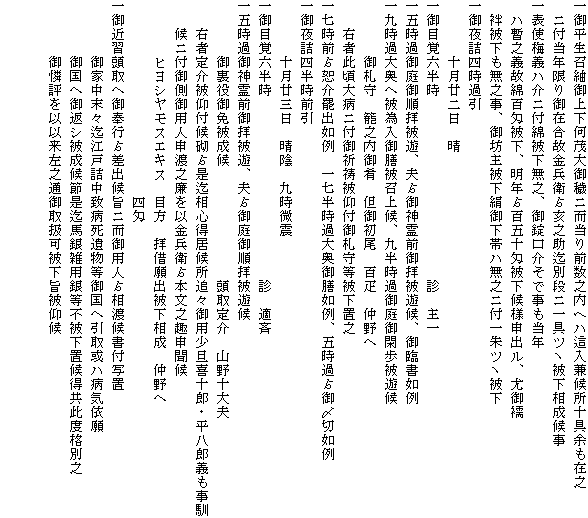 一御平生召紬御上下何茂大御穢ニ而当り前数之内ヘハ這入兼候所十具余も在之
　ニ付当年限り御在合故金兵衛?亥之助迄別段ニ一具ツヽ被下相成候事
一表使梅義ハ介ニ付綿被下無之、御錠口介そで事も当年
　ハ暫之義故綿百匁被下、明年?百五十匁被下候様申出ル、尤御襦
　袢被下も無之事、御坊主被下絹御下帯ハ無之ニ付一朱ツヽ被下
一御夜詰四時過引
　　　　十月廿二日　晴
一御目覚六半時　　　　　　　　　　　　　診　主一
一五時過御庭御順拝被遊、夫?御神霊前御拝被遊候、御臨書如例
一九時過大奥へ被為入御膳被召上候、九半時過御庭御閑歩被遊候
　　　　御札守　籠之内御肴　但御初尾　百疋　仲野へ
　　右者此頃大病ニ付御祈祷被仰付御札守等被下置之
一七時前?恕介罷出如例　一七半時過大奥御膳如例、五時過?御〆切如例
一御夜詰四半時前引
　　　　十月廿三日　晴陰　九時微震
一御目覚六半時　　　　　　　　　　　　　診　適斉
一五時過御神霊前御拝被遊、夫?御庭御順拝被遊候
　　　　御裏役御免被成候　　　　　　　　頭取定介　山野十大夫
　　右者定介被仰付候砌?是迄相心得居候所追々御用少旦喜十郎・平八郎義も事馴
　　候ニ付御側御用人申渡之廉を以金兵衛?本文之趣申聞候
　　　　ヒヨシヤモスエキス　目方　拝借願出被下相成　仲野へ
　　　　　　　　　　　　　　四匁
一御近習頭取へ御奉行?差出候旨ニ而御用人?相渡候書付写置
　　　　御家中末々迄江戸詰中致病死遺物等御国へ引取或ハ病気依願
　　　　御国へ御返シ被成候節是迄馬銀雑用銀等不被下置候得共此度格別之
　　　　御憐評を以以来左之通御取扱可被下旨被仰候

