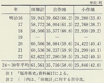 表61 自小作地別耕地面積(明治16〜22年)