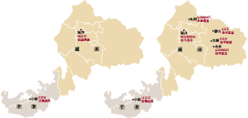 （左）1624年（寛永 1）の所領構成　（右）関ケ原の戦い後の所領構成