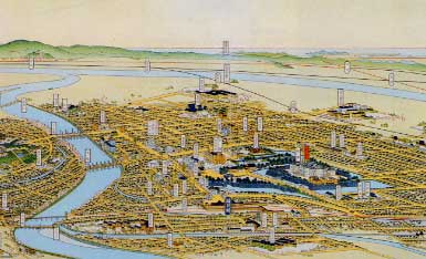 福井市の中央部（1933年）　『福井市鳥瞰図』