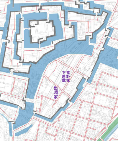 出淵家・牧野家下屋敷の発掘調査地点（現在との重合せ図）　福井県文書館月替展示2014.2-3