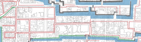 現在の地図と当時の町割の重合せ図